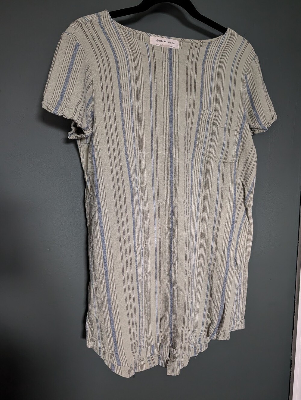cloth & stone Striped Short Sleeve Tunic Dress - Sage Green & Blue Stripes